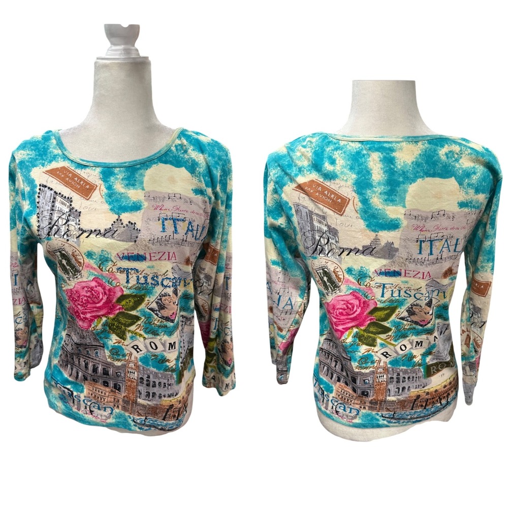 Y2K Vintage Sequin 3/4 Sleeve Blue Post Card Novelty All Over Print Size L Artsy